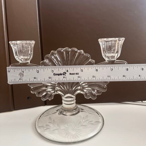Vtg Imperial Pressed glass MCM Hollywood dual Fan two candle holder floral etch - Picture 10 of 14